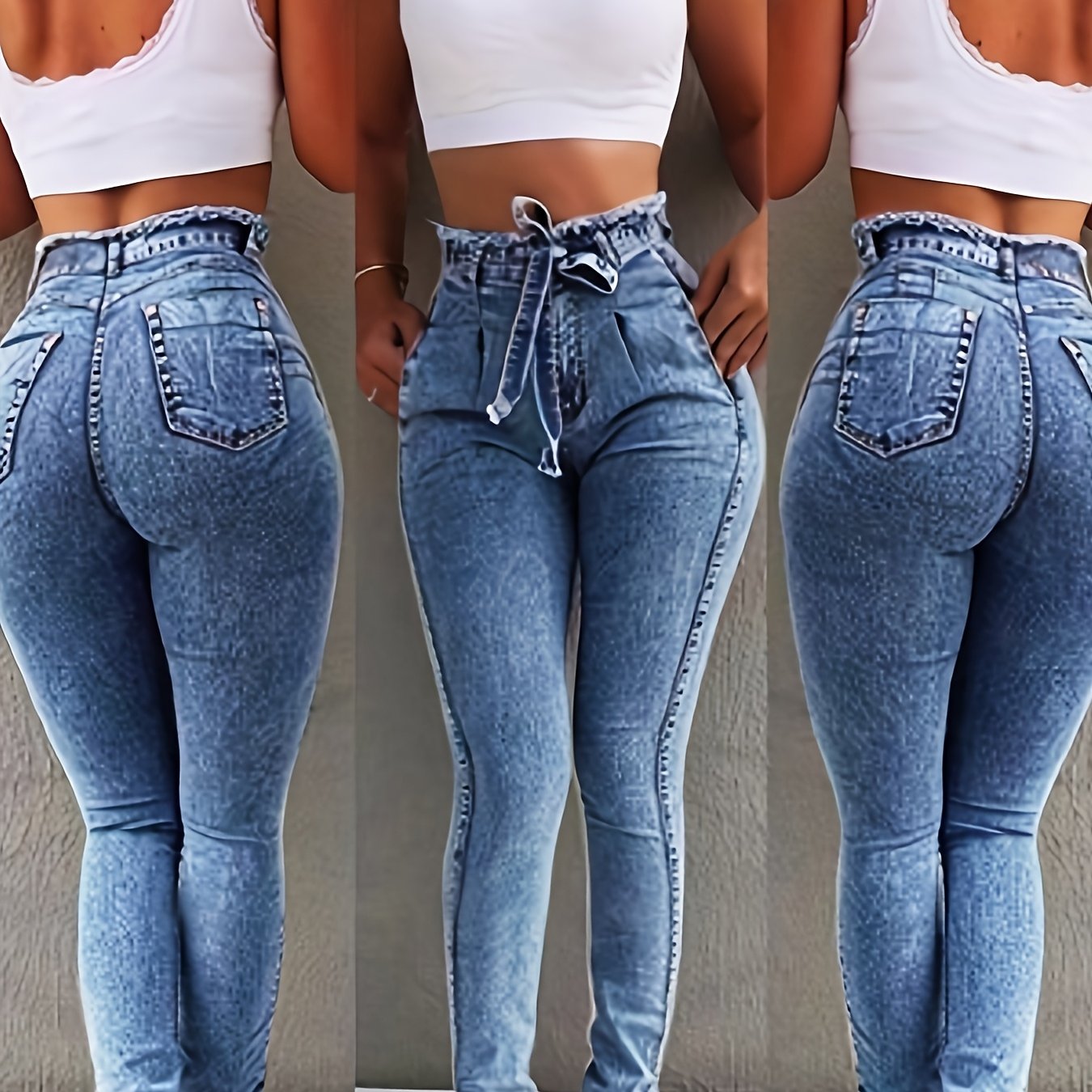 High-Waisted Slim-Fit Stretch Jeans with Tassel Belt