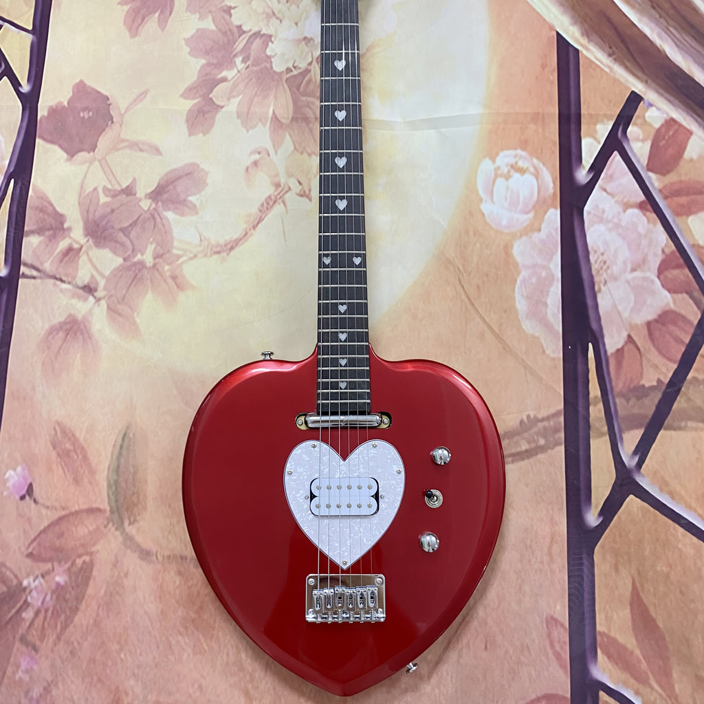 Red Electric Guitar with Heart Cutout Body & Glittering Pickguard