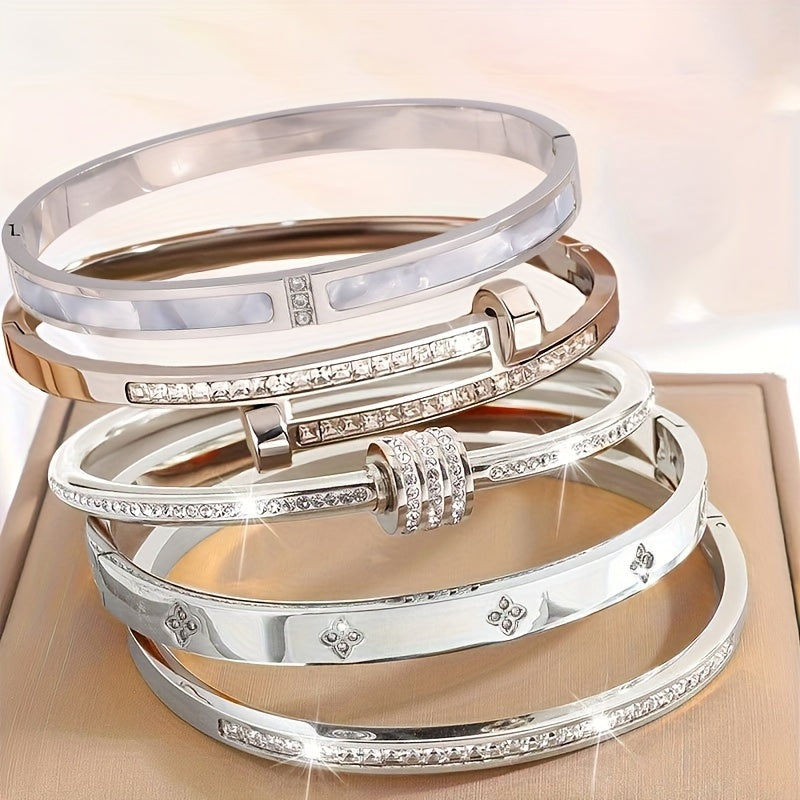 {5pcs} Elegant Stainless Steel Bracelet Set with Cubic Zirconia