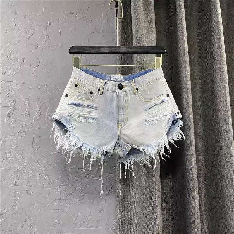 Raw Hem Distressed A-Line Denim Shorts