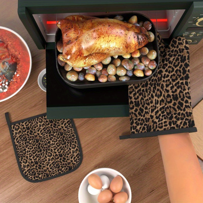 {2pcs} Heat-Resistant Oven Mitts & Pot Holders - Leopard Print Kitchen Gloves