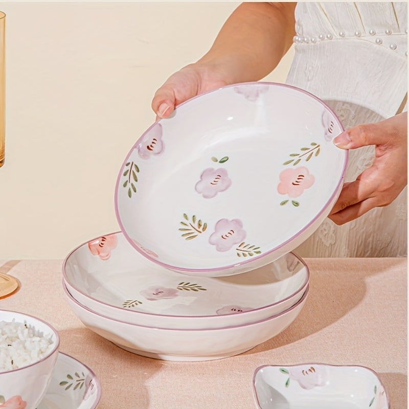 6/8/14pcs Ceramic Tableware, Underglaze Colored Ceramic Tableware Bowls And Plates