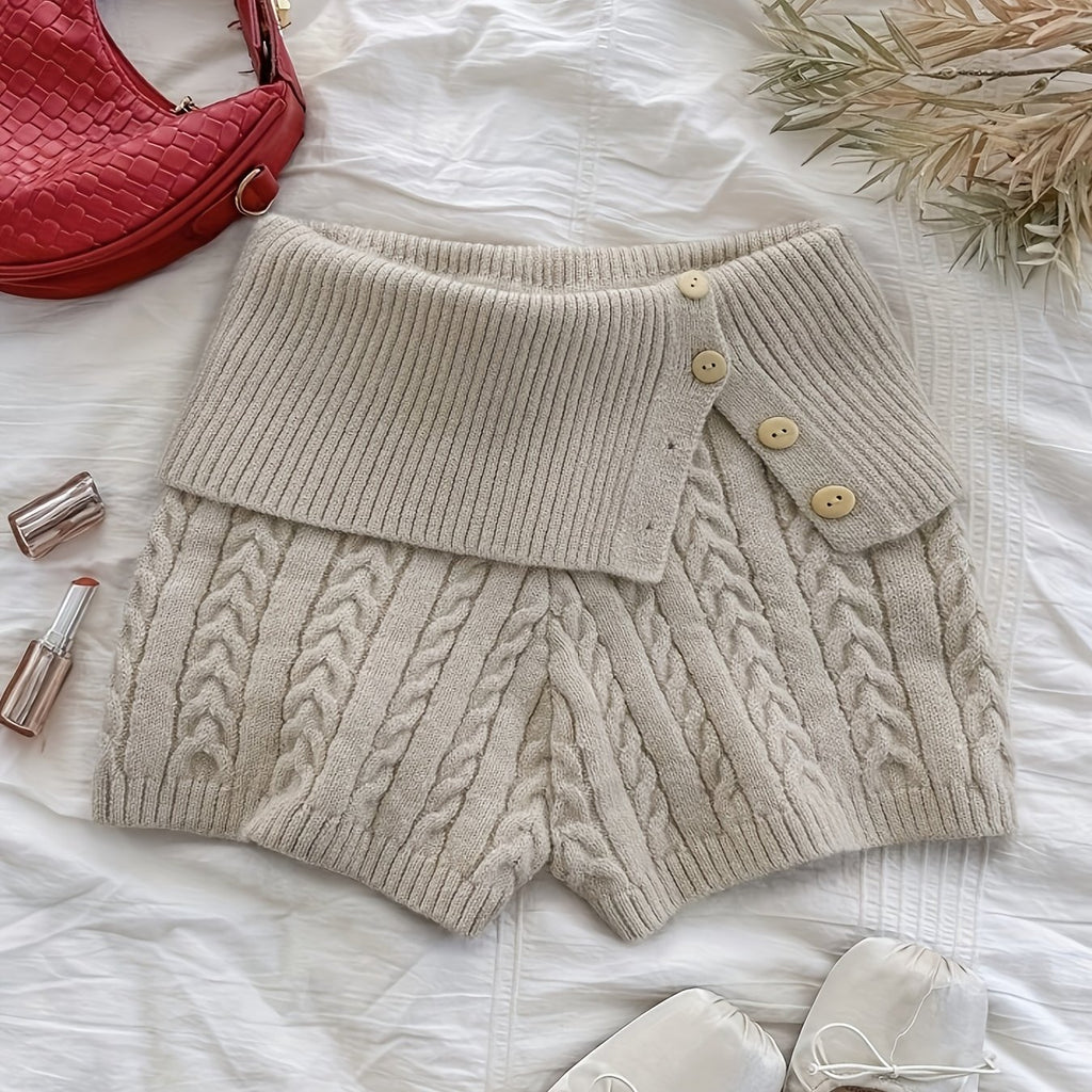 Lapel Button Waist Sweater Shorts