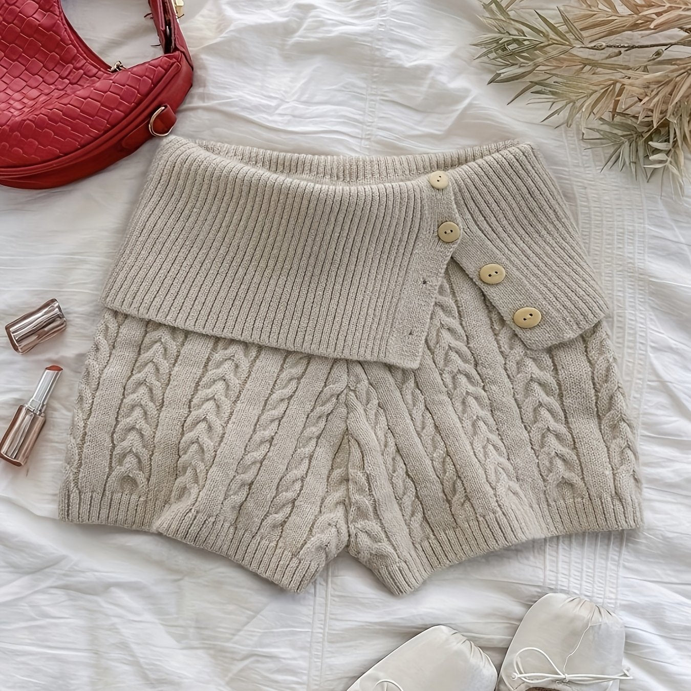 Lapel Button Waist Sweater Shorts