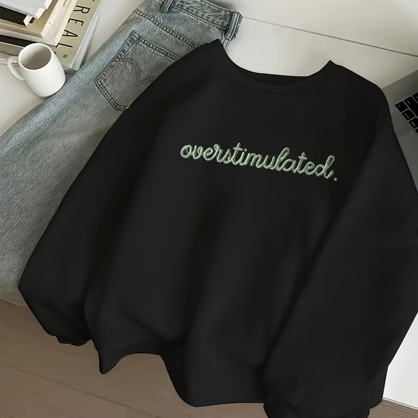 Women'S Sporty Casual Letter Print Crew Neck Sweatshirt - Cozy Fleece-Lined, Machine Washable, Black with "OVERSTIMULATED" Design, Perfect for Fall/Winter, Casual Sportswear | Relaxed Fit Sweatshirt | Machine Washable Top, Sw