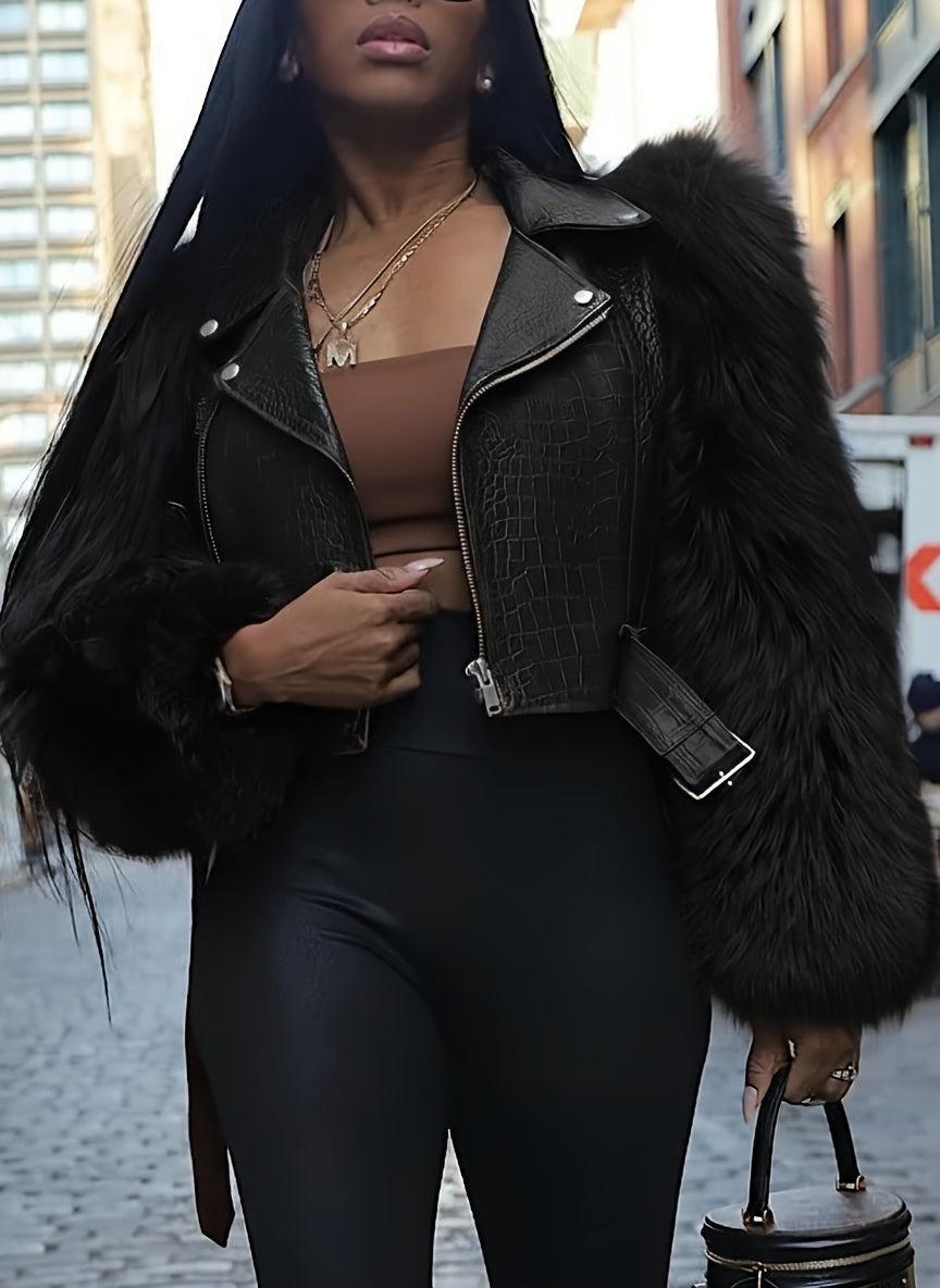 Fluffy Faux Leather Short Jacket