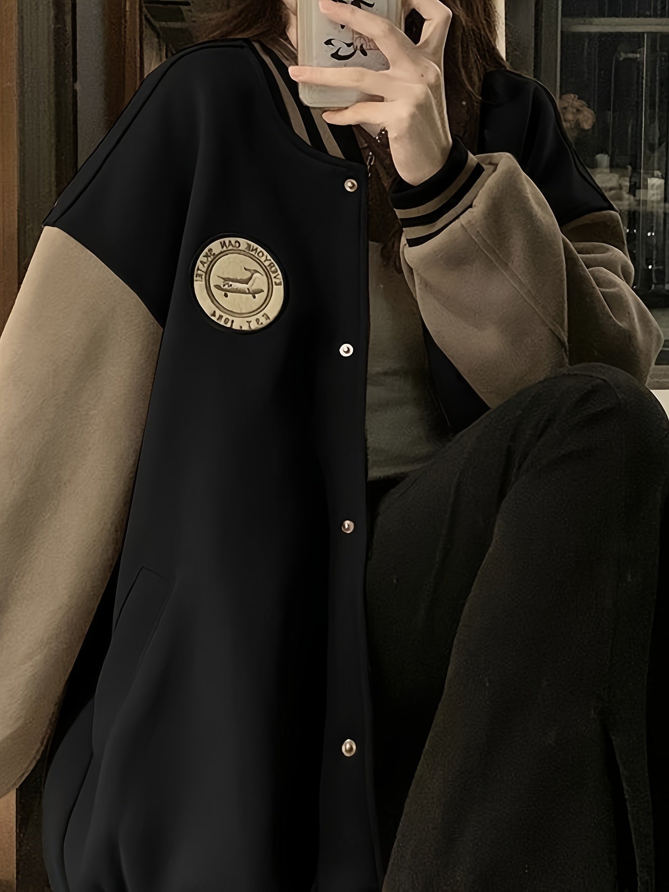 Women's Retro-Inspired Baseball Jacket - Casual, Thick & Loose Fit with Button Detail, Machine Washable