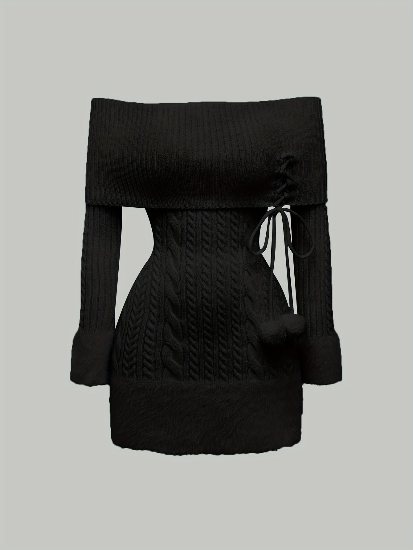 Women's Elegant Off-Shoulder Plush Ball Pendant Sweater Dress - Mid-Length Ribbed Party Dress with Adjustable Lace-Up Back, Fluffy Cuffs & Pompom Details for New Year, Valentine's Day, Special Occasions (Machine Washable), Dr