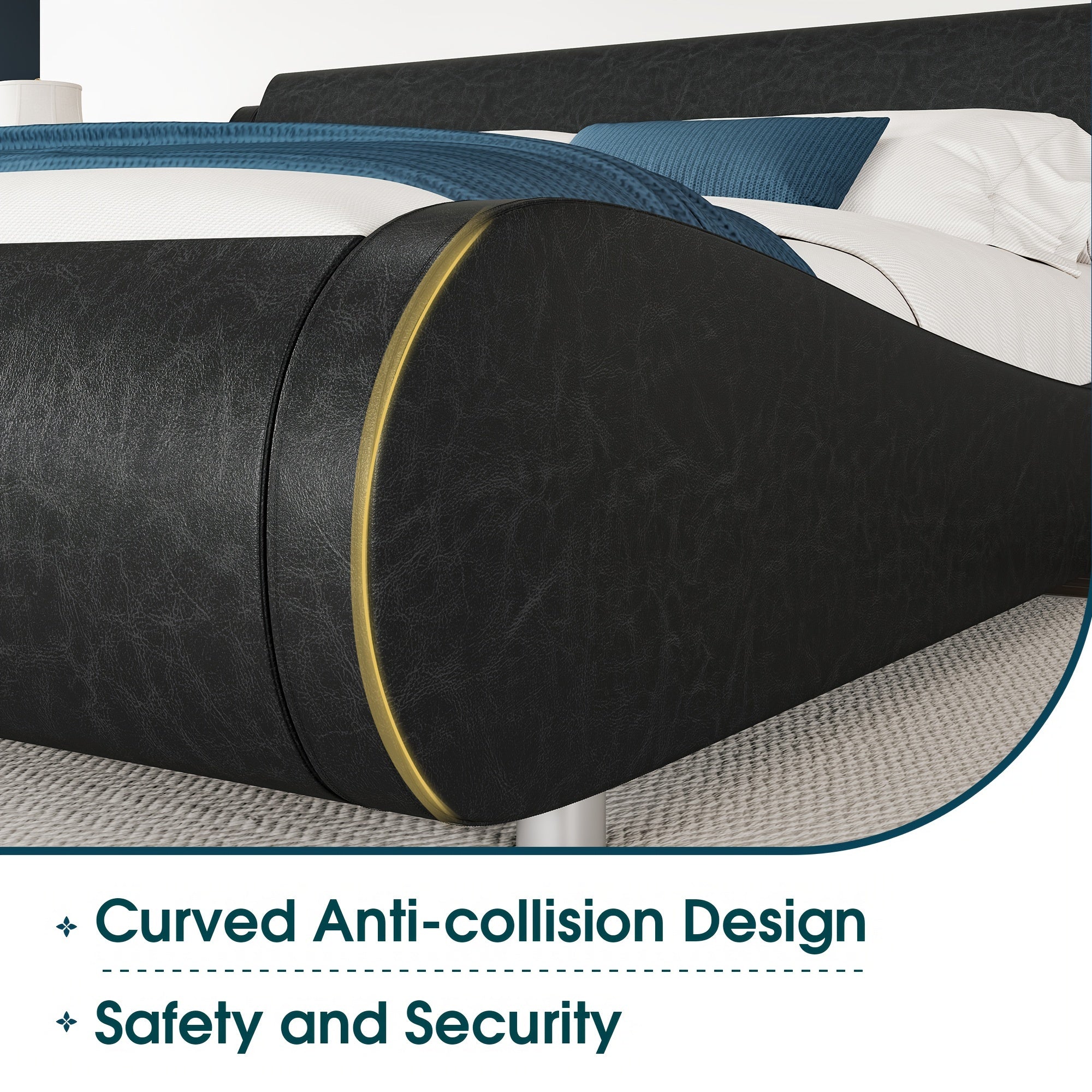 WEEWAY Modern Upholstered Platform Bed Frame, Faux Leather Sleigh Bed With Adjustable Headboard, Strong Wood Slats Support, No Box Spring Needed