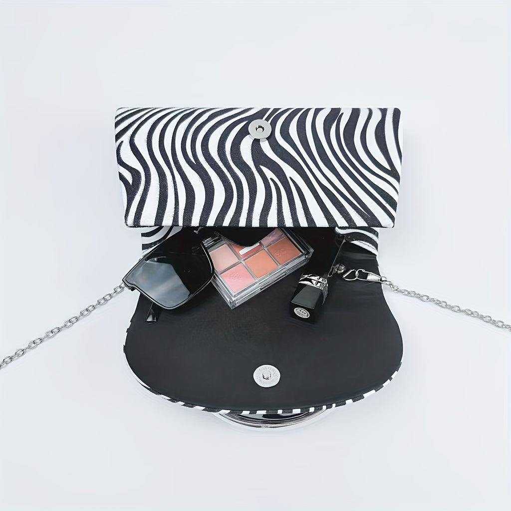 Women'S Elegant Evening Clutch Purse - Magnetic Closure & Detachable Chain Strap, Black & White Zebra Stripe Pattern, Corduroy Formal event bag for Parties, Weddings, Everyday - Luxury Party Handbag Gift for Women, Ladies Han