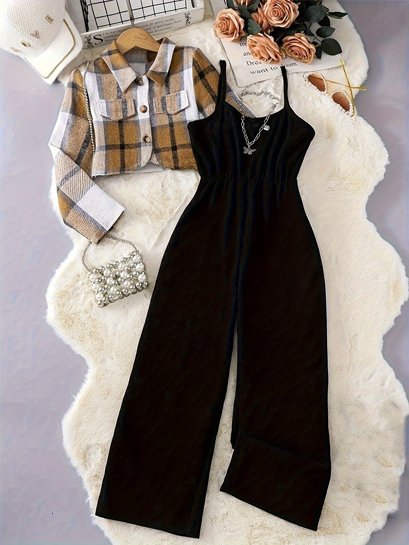 2025 New Elegant Vacation Style: Plaid Printed Button Top with Solid Color Ribbed Camisole Jumpsuit Set