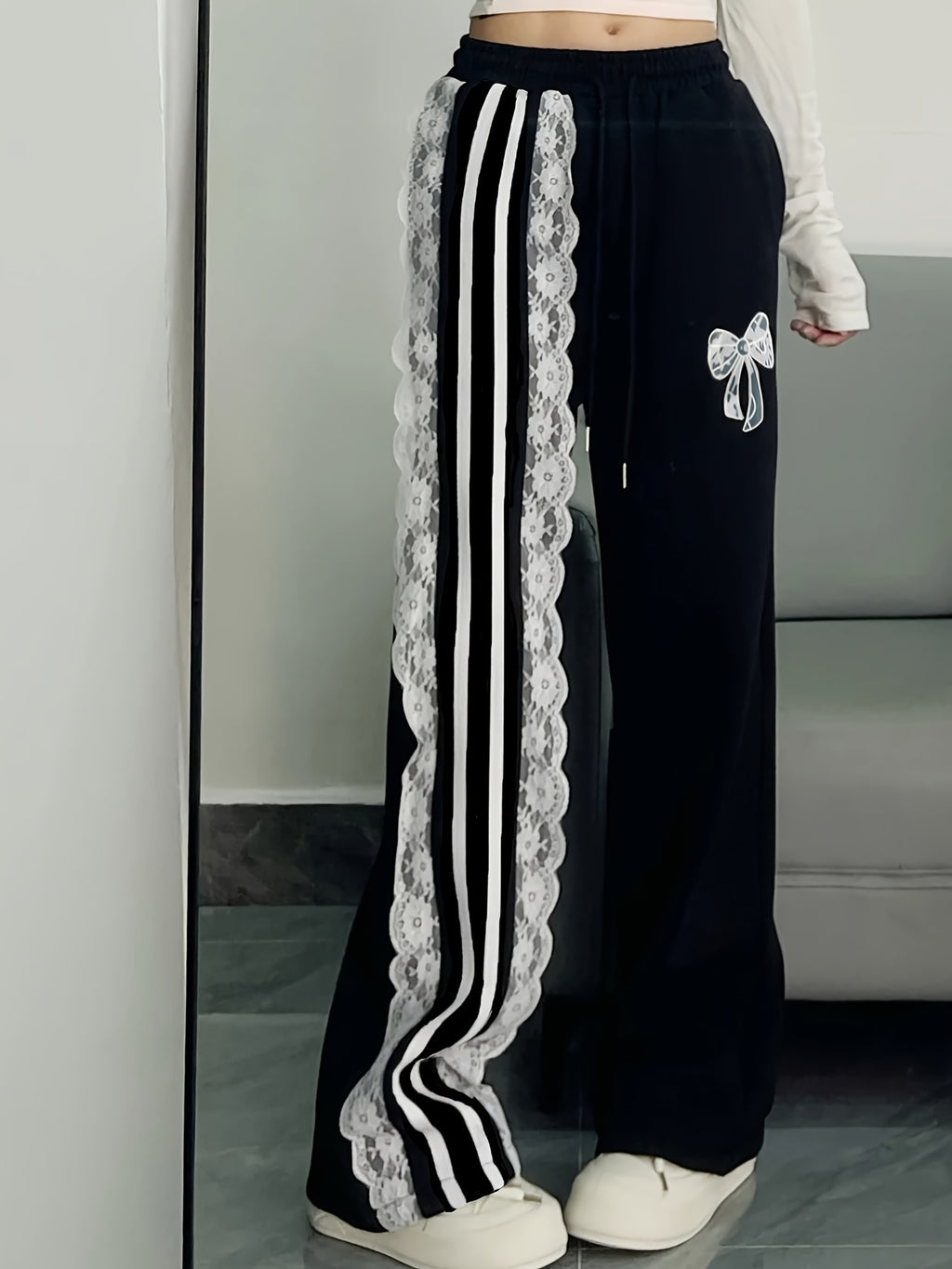 Wide-Leg Pants with Contrast Lace Trim & Pockets