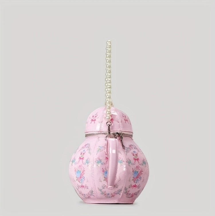 Pink Floral Tea Society Handbag for Women - Chic Designer Handbag with Pearl Strap, Adjustable & Stylish, Polyester Lined, Zip Closure, Perfect for Everyday Use Or Special Occasion
