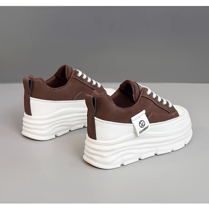 Women's Low-Top Lace-Up Sneakers - Beige/ White Faux Cover-like Synthetic Cover Arch Moccasin-Style Shoes with EVA Cushioned PVC Sole, Minimalist White Laces & Beige Traction Tread - All-Season Casual, Office, Gym, Walking Sh