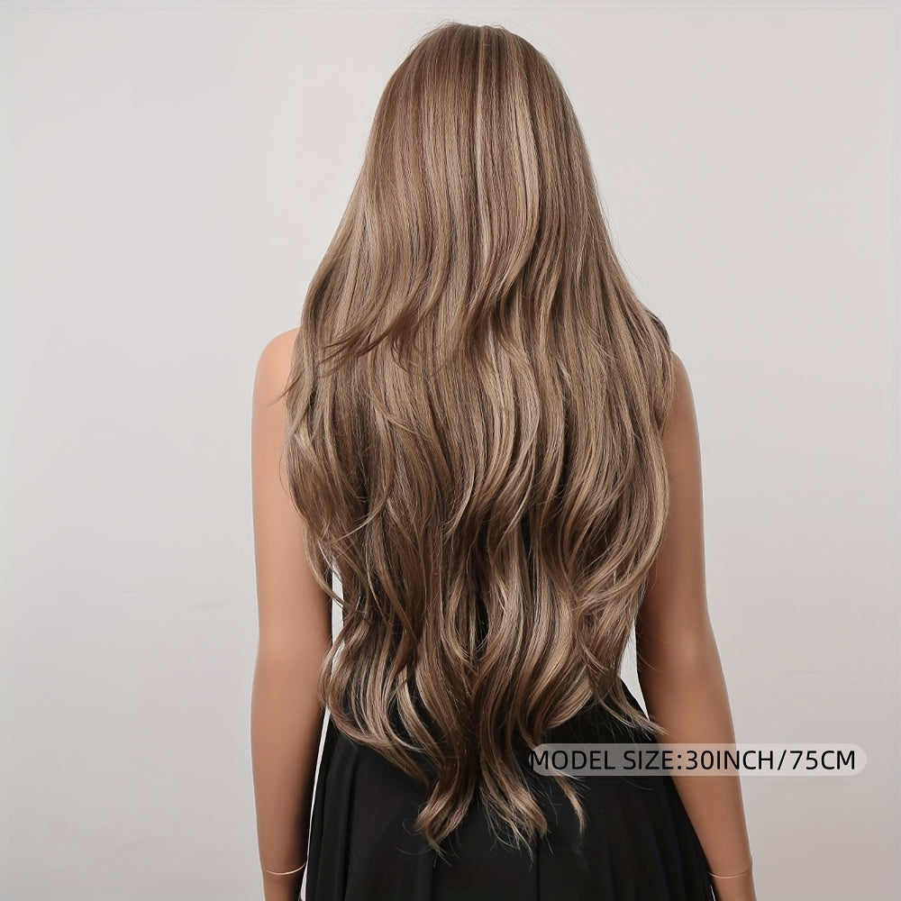 30 Inch Ladies Elegant Gradient Brown Long Curly Wig With Bangs