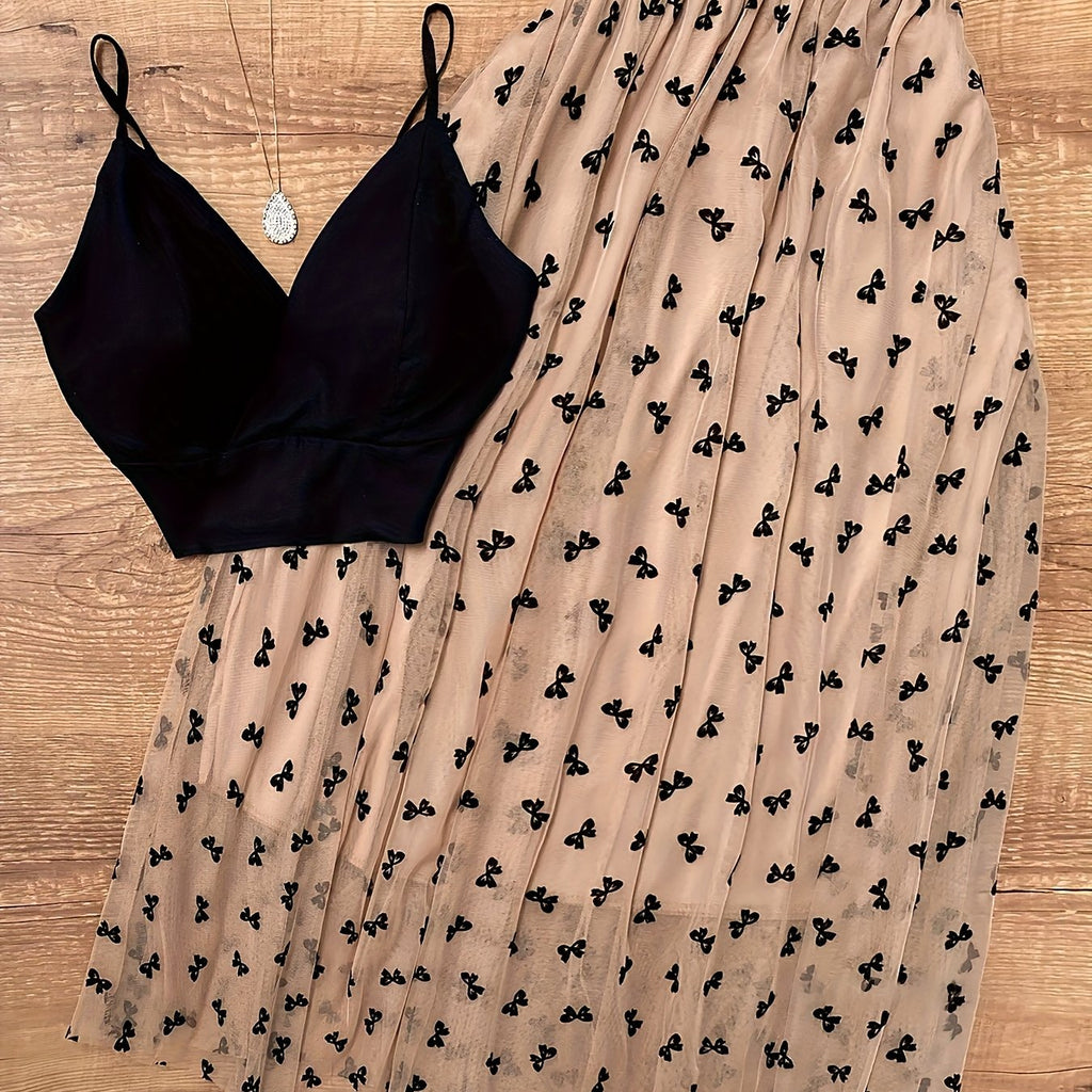 Elegant Off-Shoulder Black Spaghetti Strap Khaki Bow Skirt Set