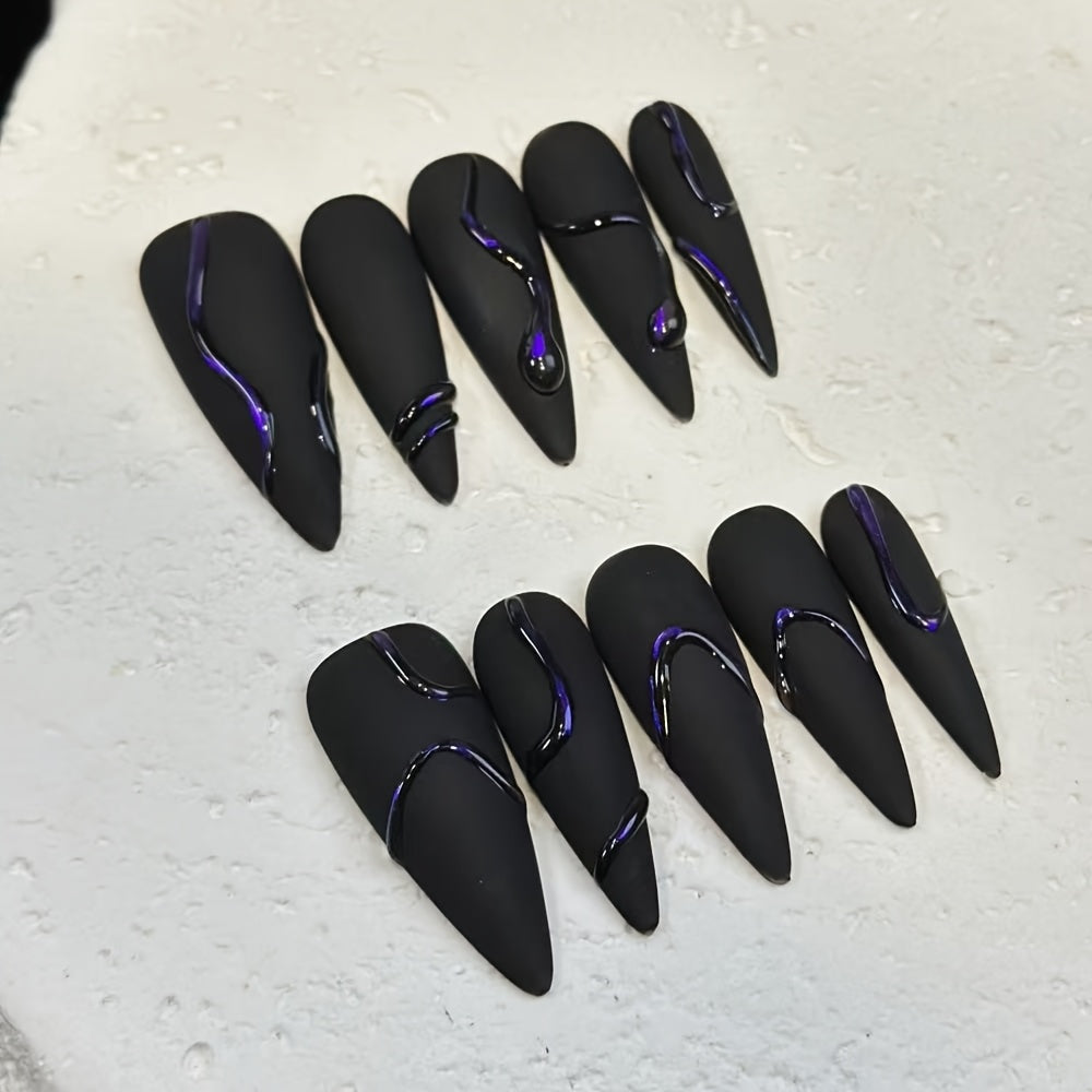 10pcs Handmade Press-On Nails - Black Matte Finish with 3D Purple Snake Design