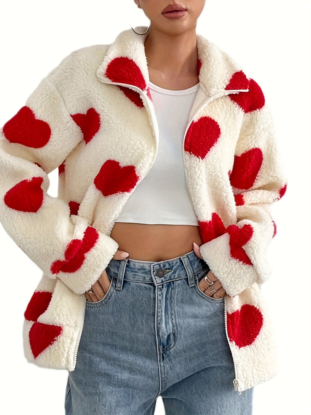 Plush Heart Print Cardigan Sweater Coat