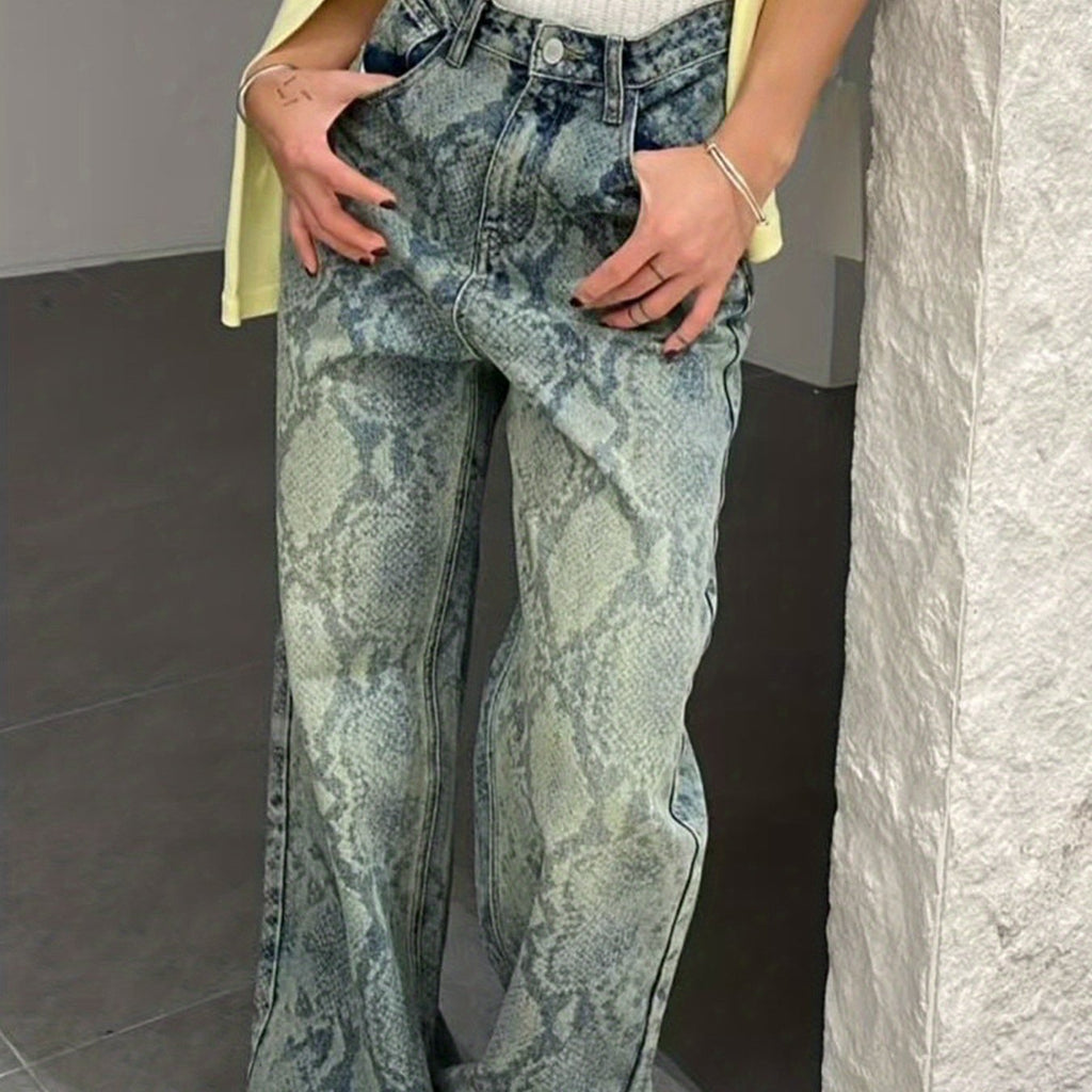 High-Waisted Wash Blue Distressed Snakeskin Print Wide-Leg Jeans