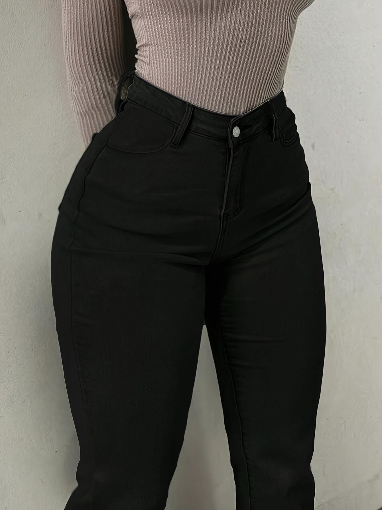 Women's Elegant High-Waist Black Denim Flare Jeans - Stretchy, Bell Bottom with Slash Pockets and Button Closure, Versatile All-Season Wear