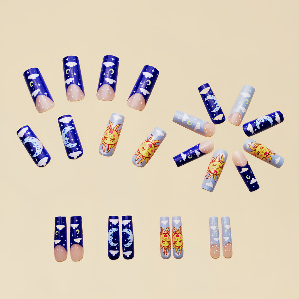 Long Ballet Blue Sun Moon French Fake Nails
