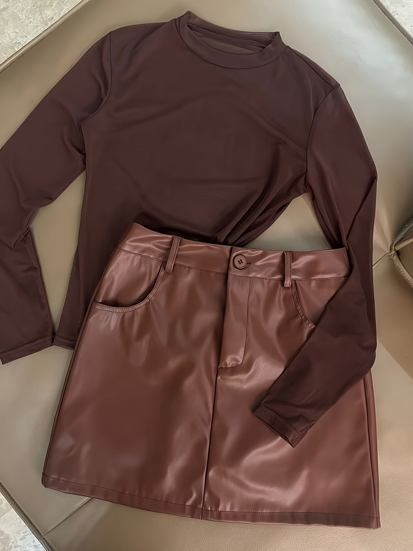 Semi-Sheer Mesh Pullover Long Sleeve T-Shirt + Waist Bag Skirt Set