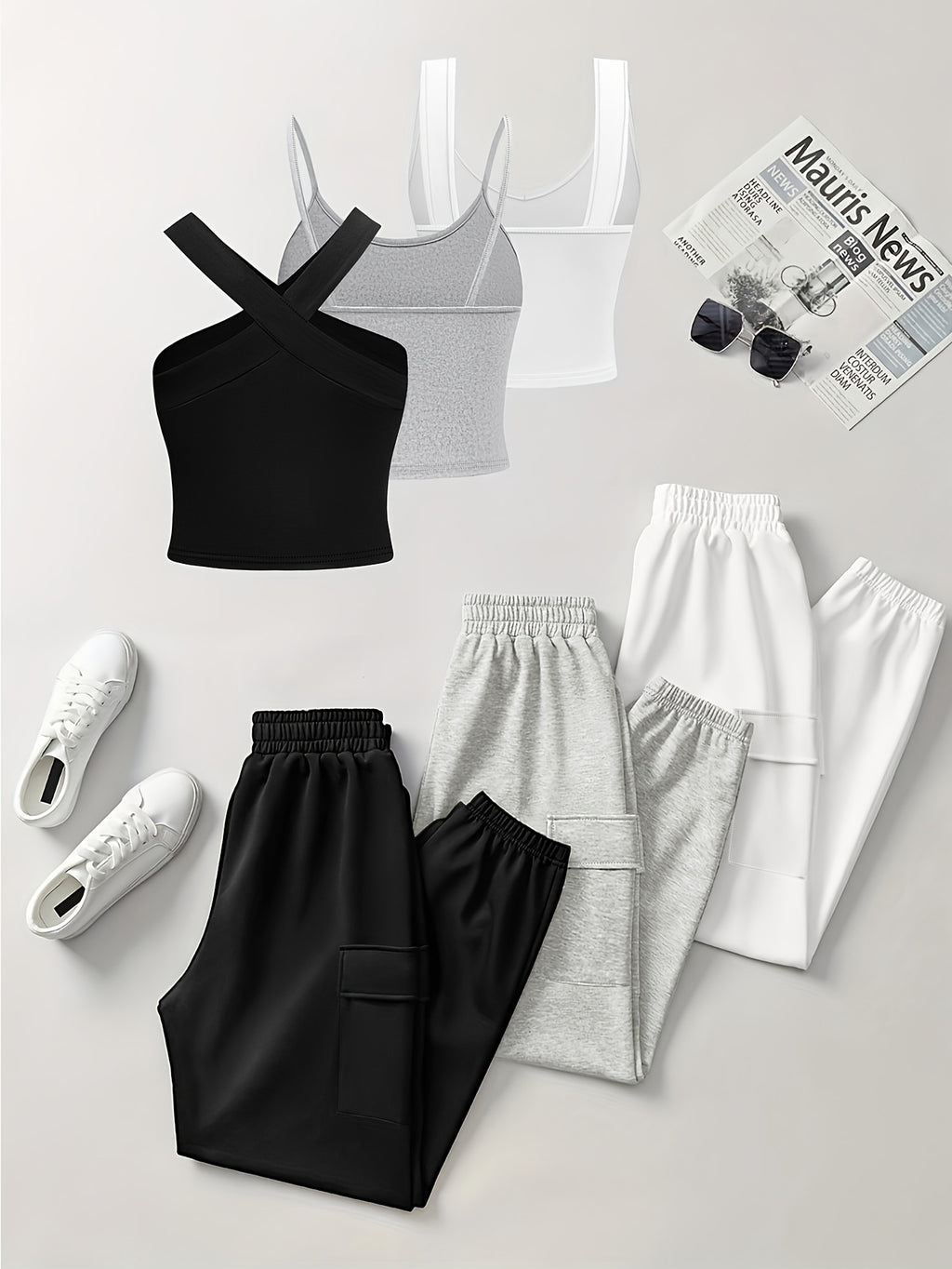 {6pcs} Sleeveless Camisole Pocket Overalls Solid Color Set