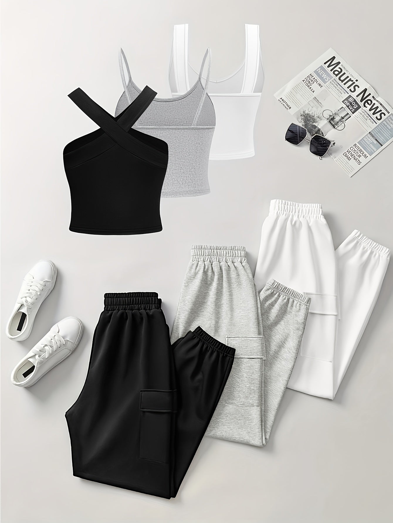 {6pcs} Sleeveless Camisole Pocket Overalls Solid Color Set