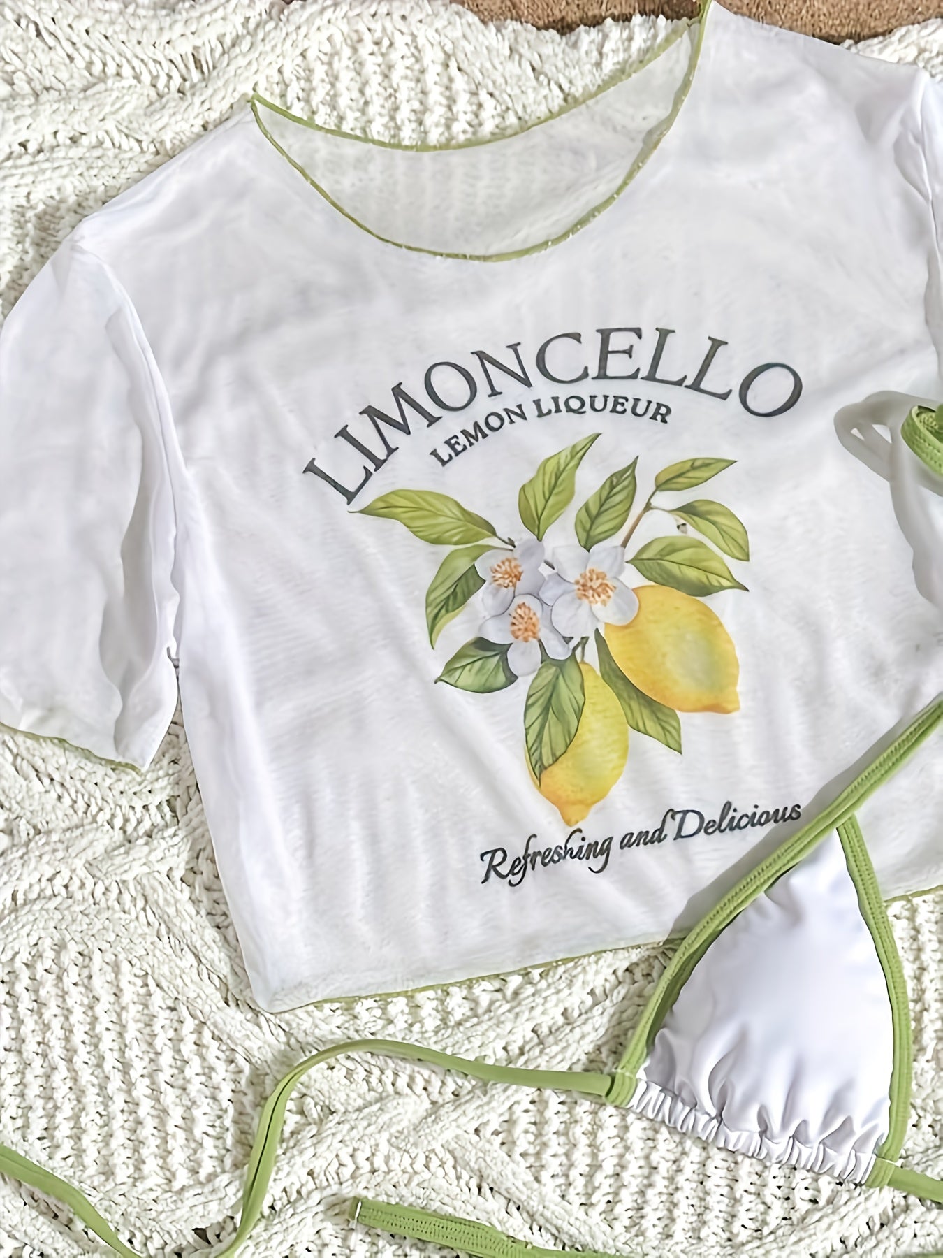 Letter Print Three-Piece Swimsuit Set with Halter Neck Top and High-Cut Triangle Bottoms Cherry Print