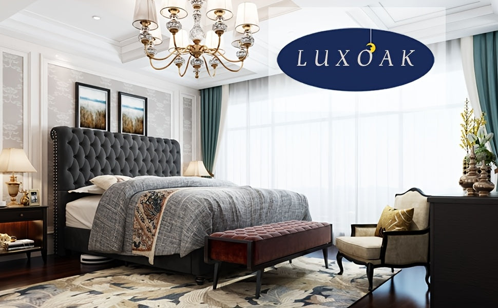 Velvet Bed Frame with Button Tufted 52.8" Tall Sleigh Headboard