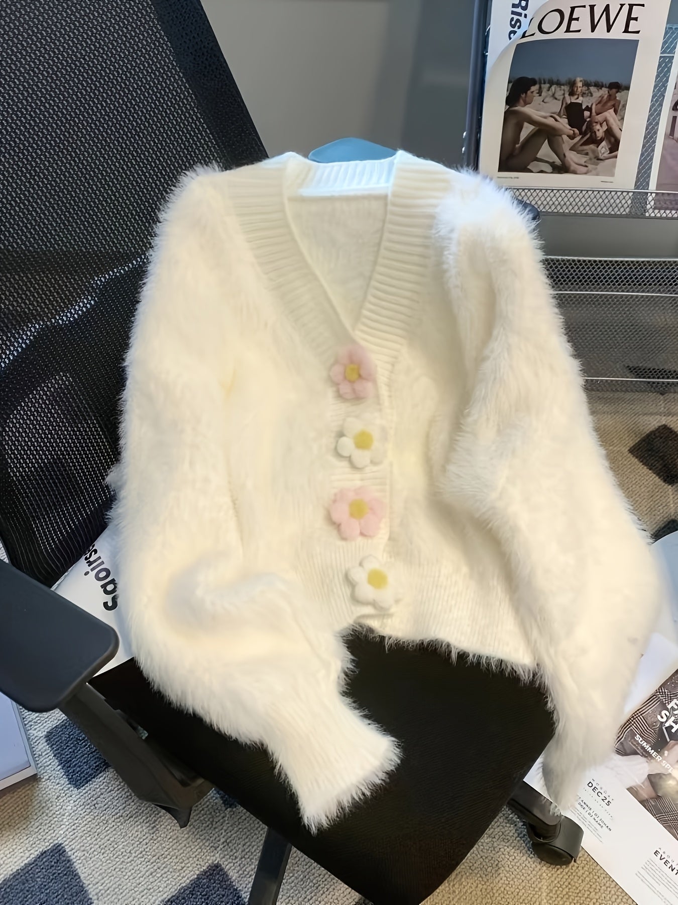 Cozy White Cardigan with Floral Buttons