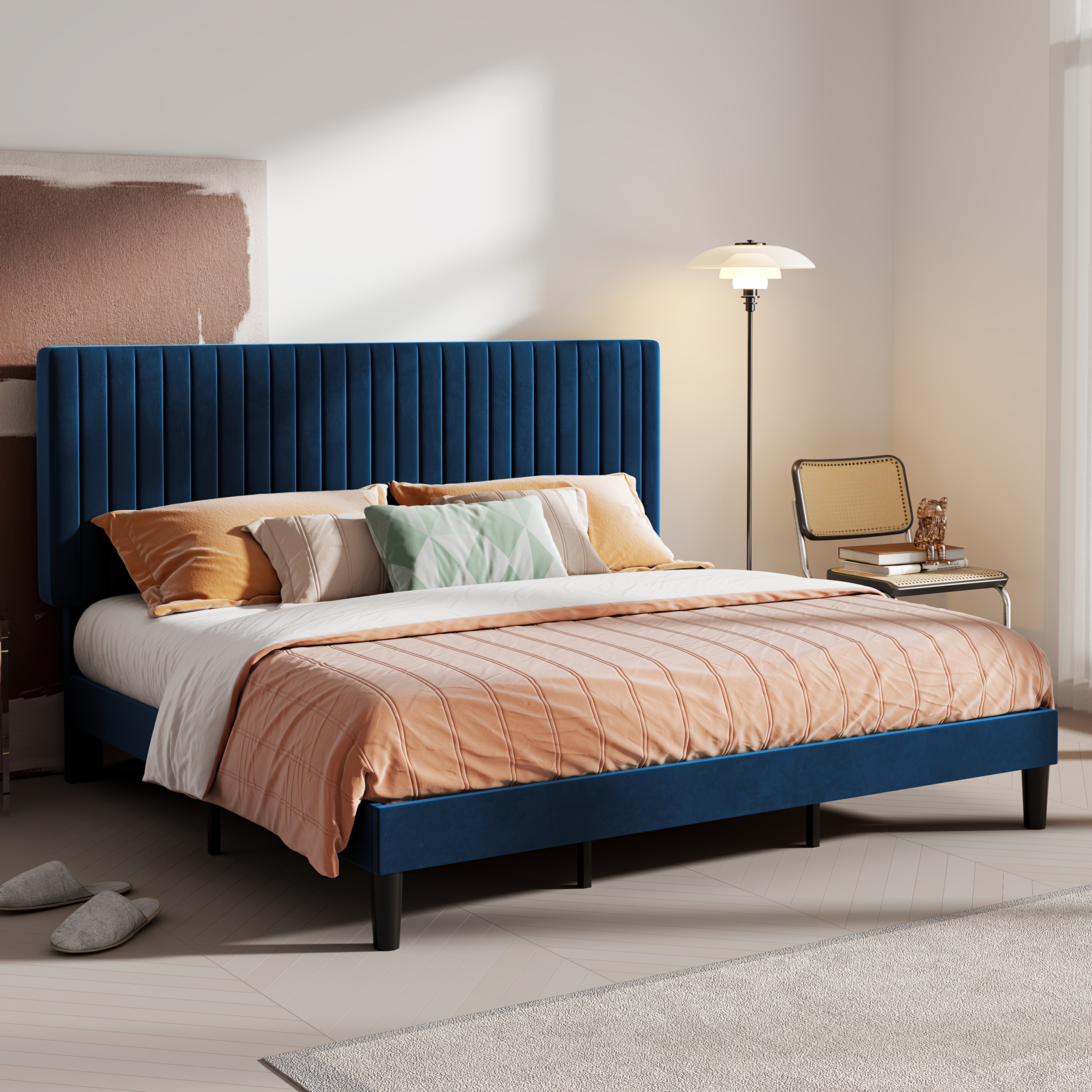 Modern Velvet Upholstered Bed Frame with Adjustable Headboard