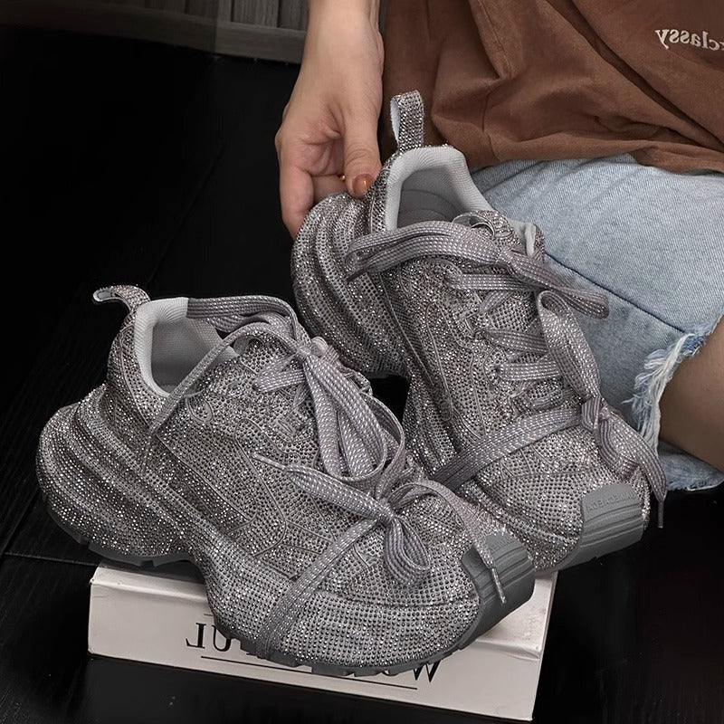 Rhinestone-Adorned Thick-Soled Dad Sneakers