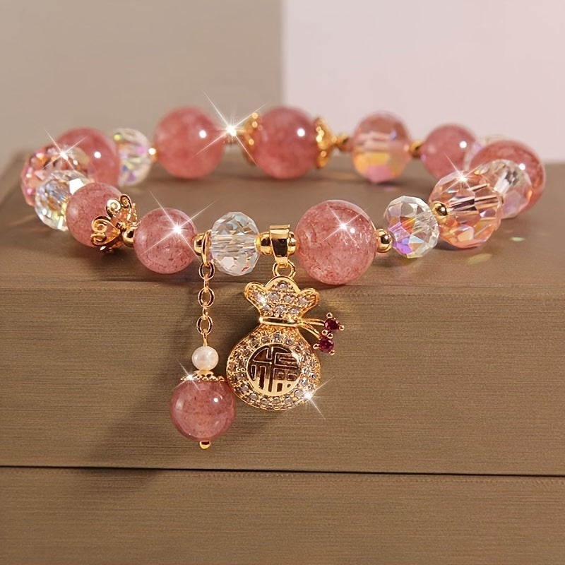 Pink Beaded Bracelet with Cute Golden Beads