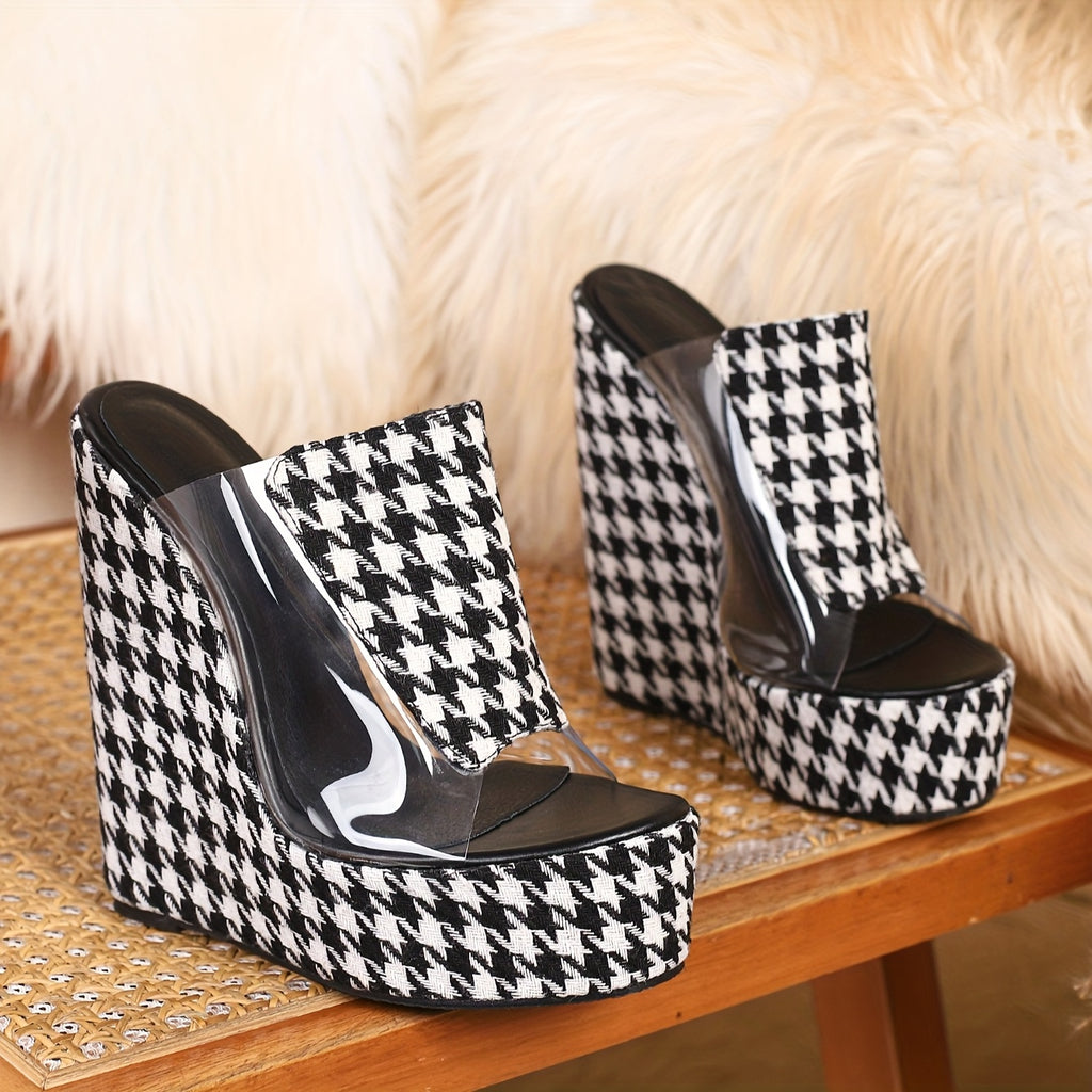 Houndstooth Color-Blocked Open-Toe Wedge Sandals
