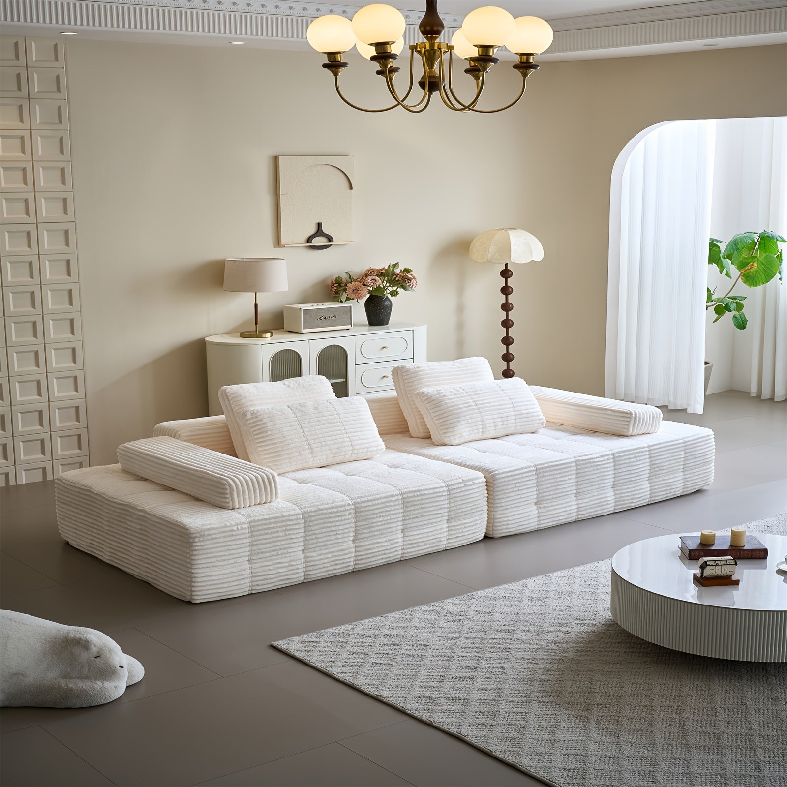 110.24-inch Modular Combination Sofa, U-shaped Living Room Sofa, Striped Fabric Four-seater Soft Cushion Sofa for Living Room And Bedroom (corduroy), No Need to Disassemble (black, Gray)