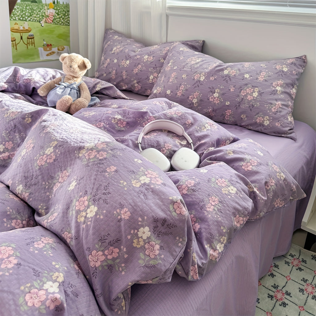 Hibiscus Pattern Fresh Style 4pcs Bedding Set (1 Duvet Cover + 1 Fitted Sheet + 2 Pillowcases)