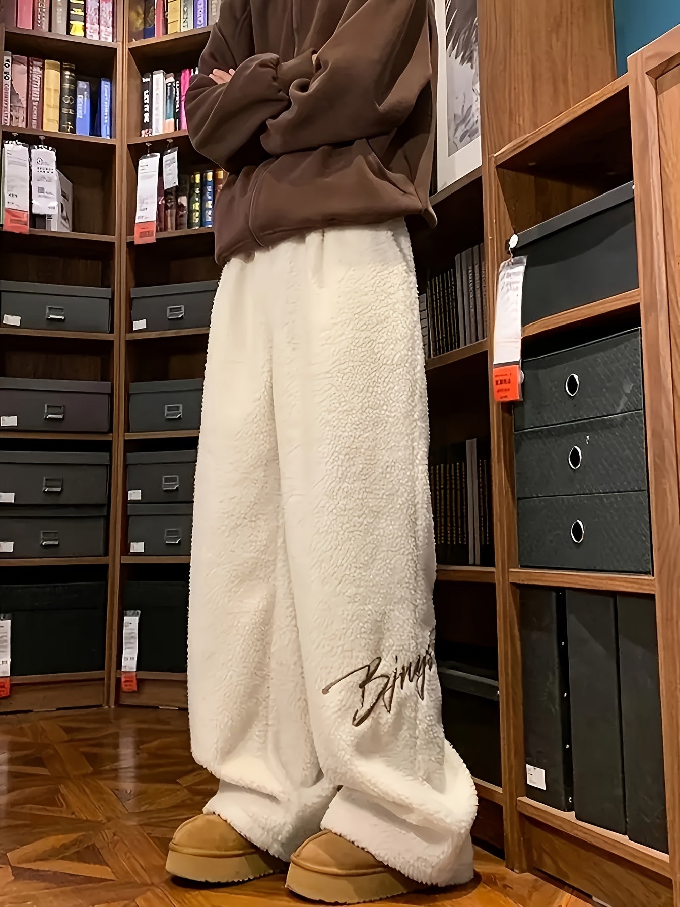 Fleece-Lined Embroidered Casual Pants