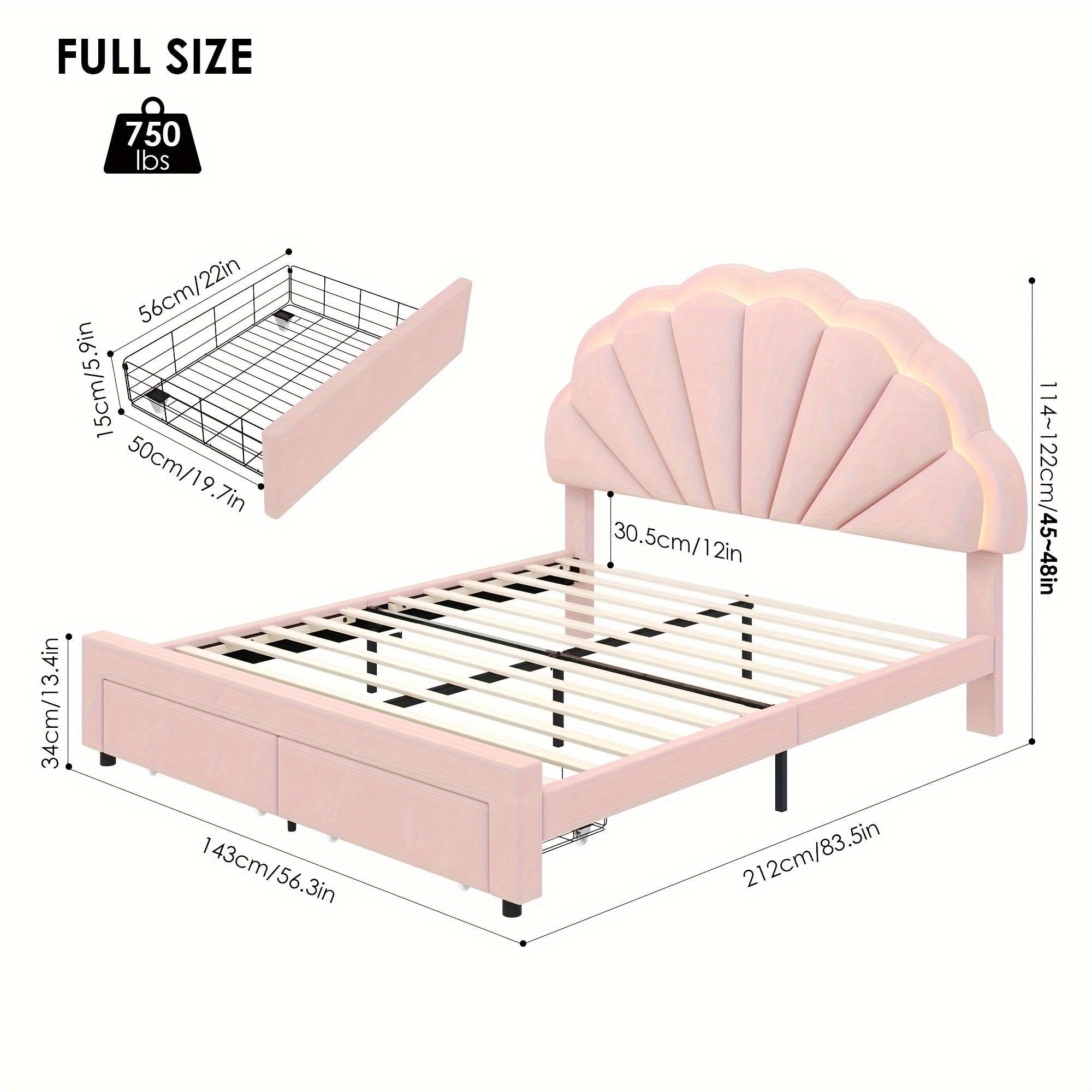 Velvet Upholstered Platform Bed With Adjustable Floral Headboard