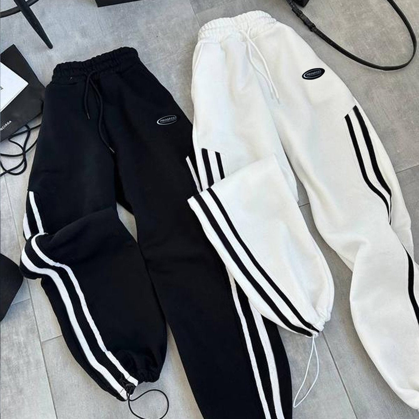 {2pcs} Striped Pants with High Waist and Elastic Waistband