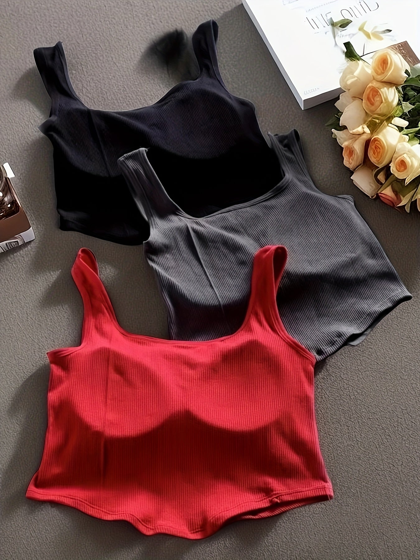 3pcs Casual Knit Fabric Sleeveless Tops with Built-In Non-removable Padding