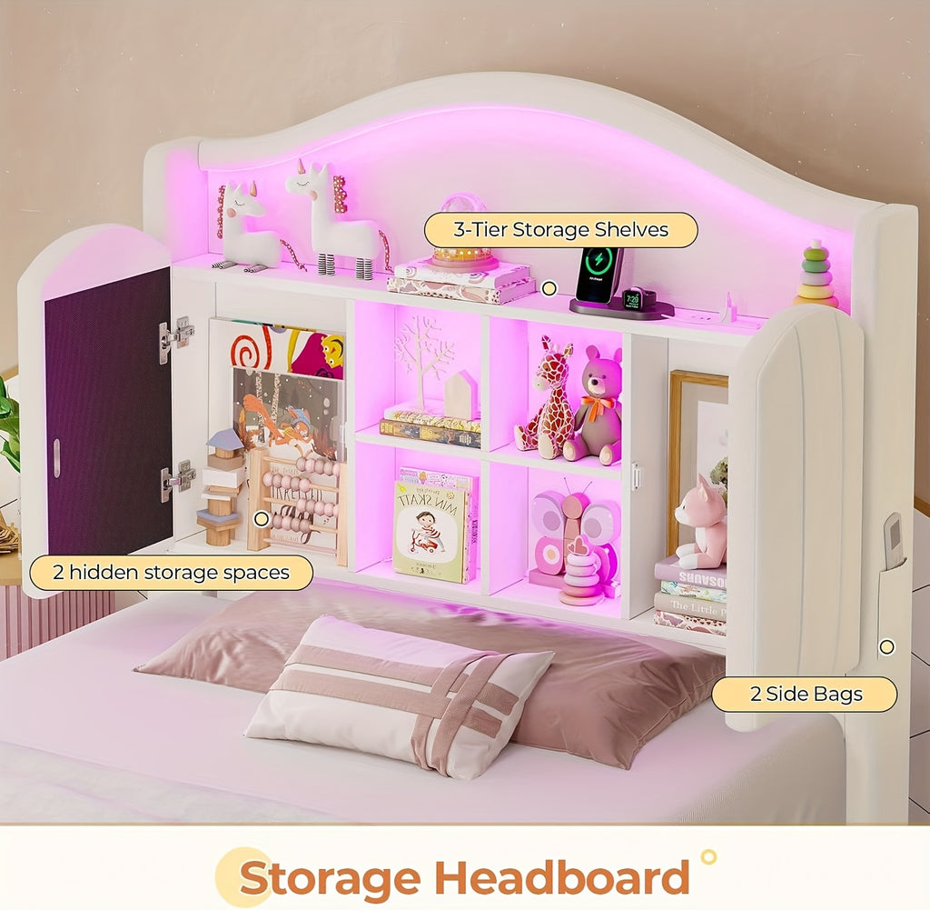 Upholstered Princess Twin Bed with LED Lights & Power Outlts