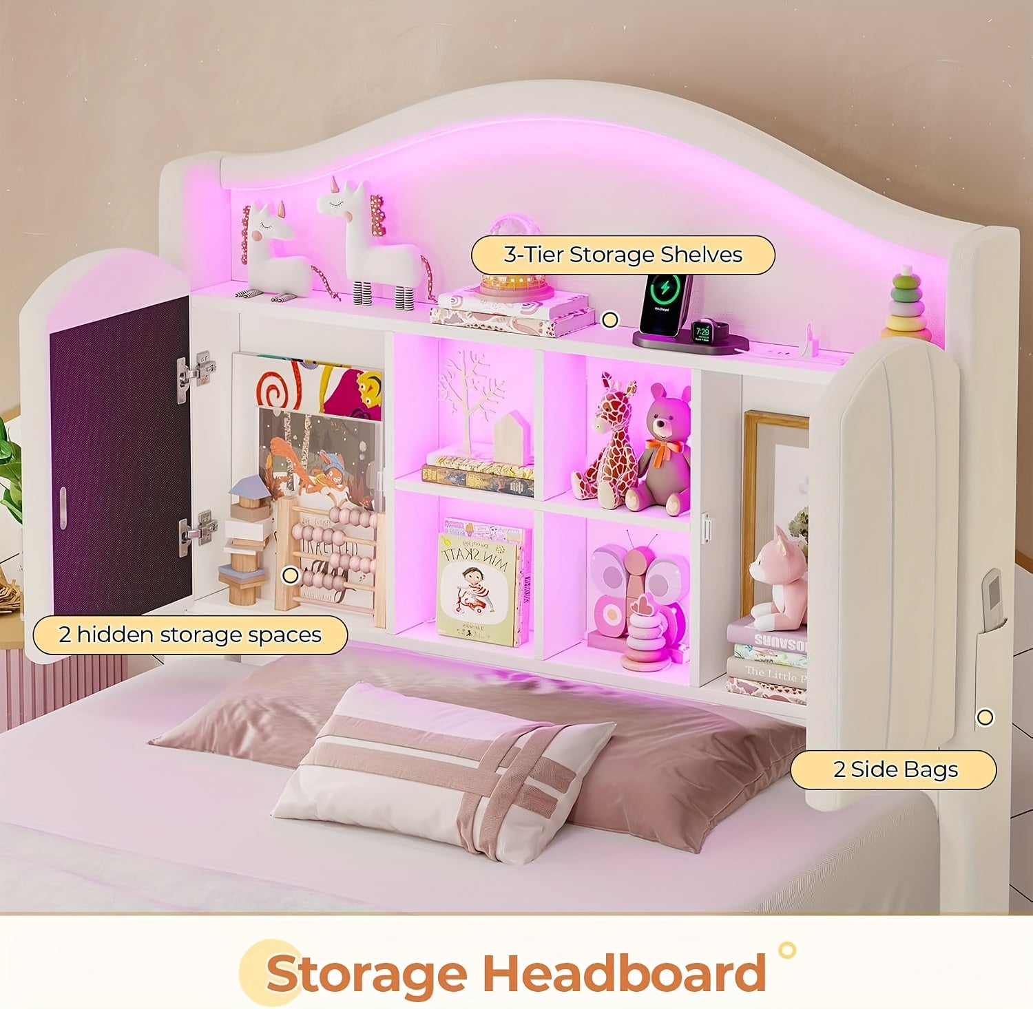 Upholstered Princess Twin Bed with LED Lights & Power Outlts