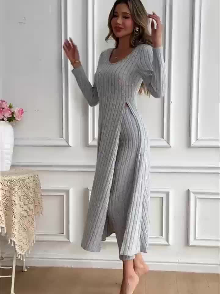 Two-piece Set of Ribbed Long-sleeved Top and Pants