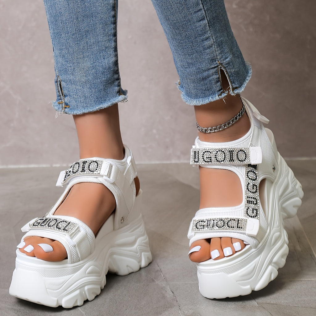 Women's Rhinestone Platform Sandals - Black Open Toe High Heel, Breathable Mesh Upper & PU Sole, Fashionable Summer Shoes with Closure for Casual or Party Wear, Casual Footwear | Rhinestone Embellishments, High Heel Sandals