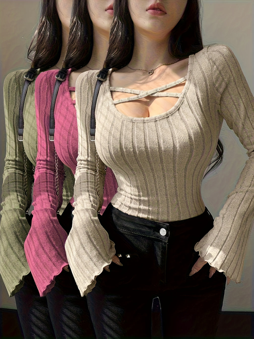 Women's 3pcs Y2K French Solid Color Tunic Set with Puffed Sleeve & Cross-Back Neckline - Long Sleeve Blouses, Wrinkle-Resistant & Machine Washable Winter Layering Outfits in Pink, Green, Beige, Brown, Black, White - Chic Casu