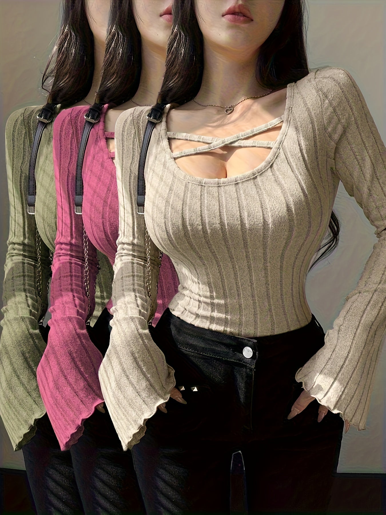 Women's 3pcs Y2K French Solid Color Tunic Set with Puffed Sleeve & Cross-Back Neckline - Long Sleeve Blouses, Wrinkle-Resistant & Machine Washable Winter Layering Outfits in Pink, Green, Beige, Brown, Black, White - Chic Casu