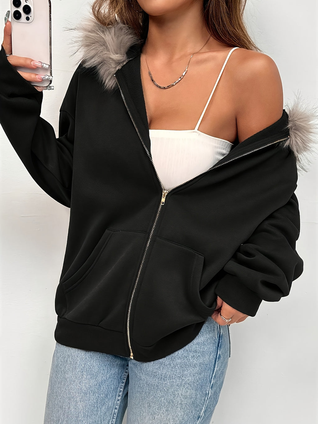 Women'S Hooded Jacket - Elegant Loose Fit Zip-Up Coat with Front Zipper Closure, Long Sleeve Outerwear for Fall/Winter, Chic Casual Outerwear for Everyday & Formal Events - Easy-Care Women'S Clothing, Ladies Winter Coats, Sea