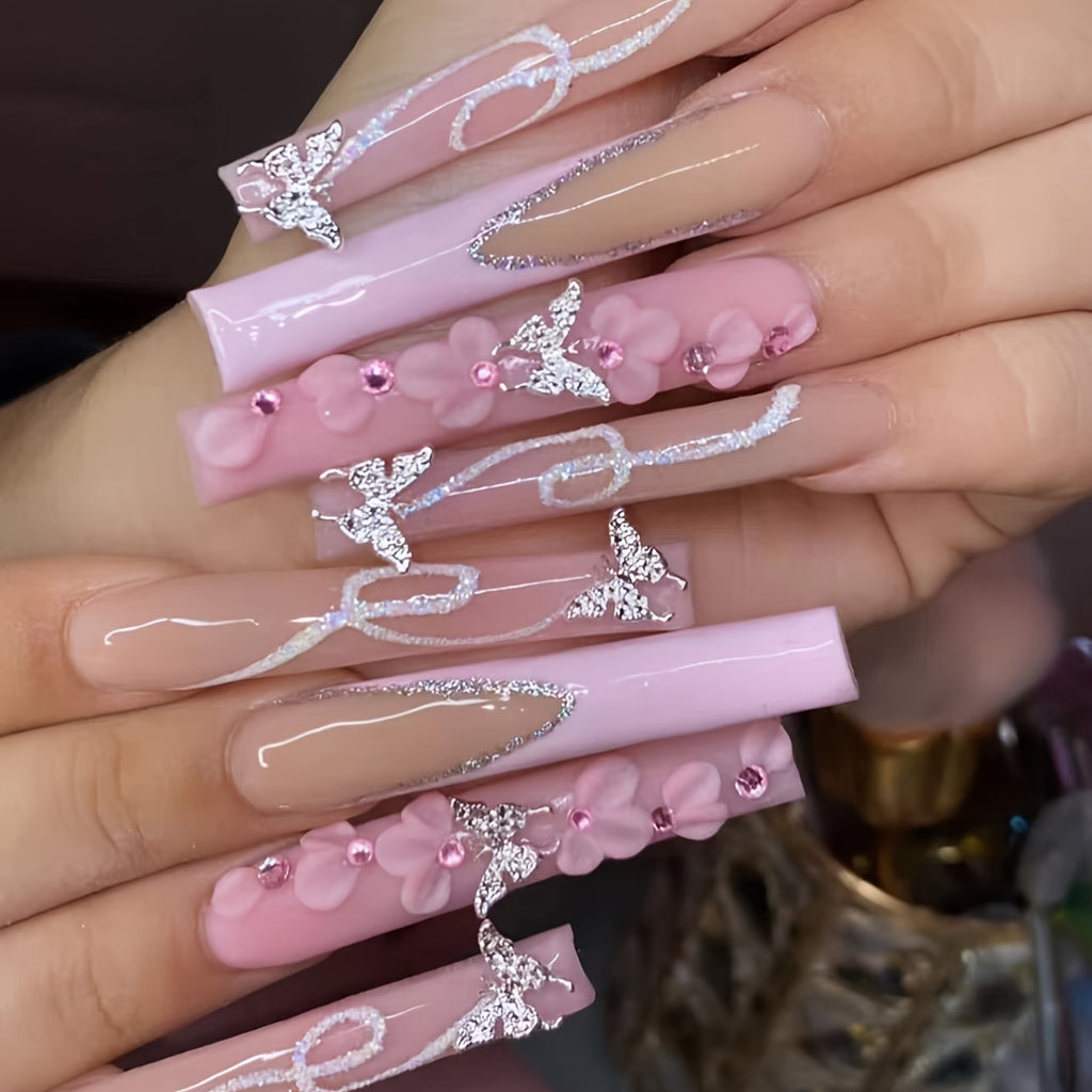{24pcs} Extra-Long Coffin French & Ombre & Floral Pattern 3D Butterfly Rhinestone Full Cover Glossy Fake Nails