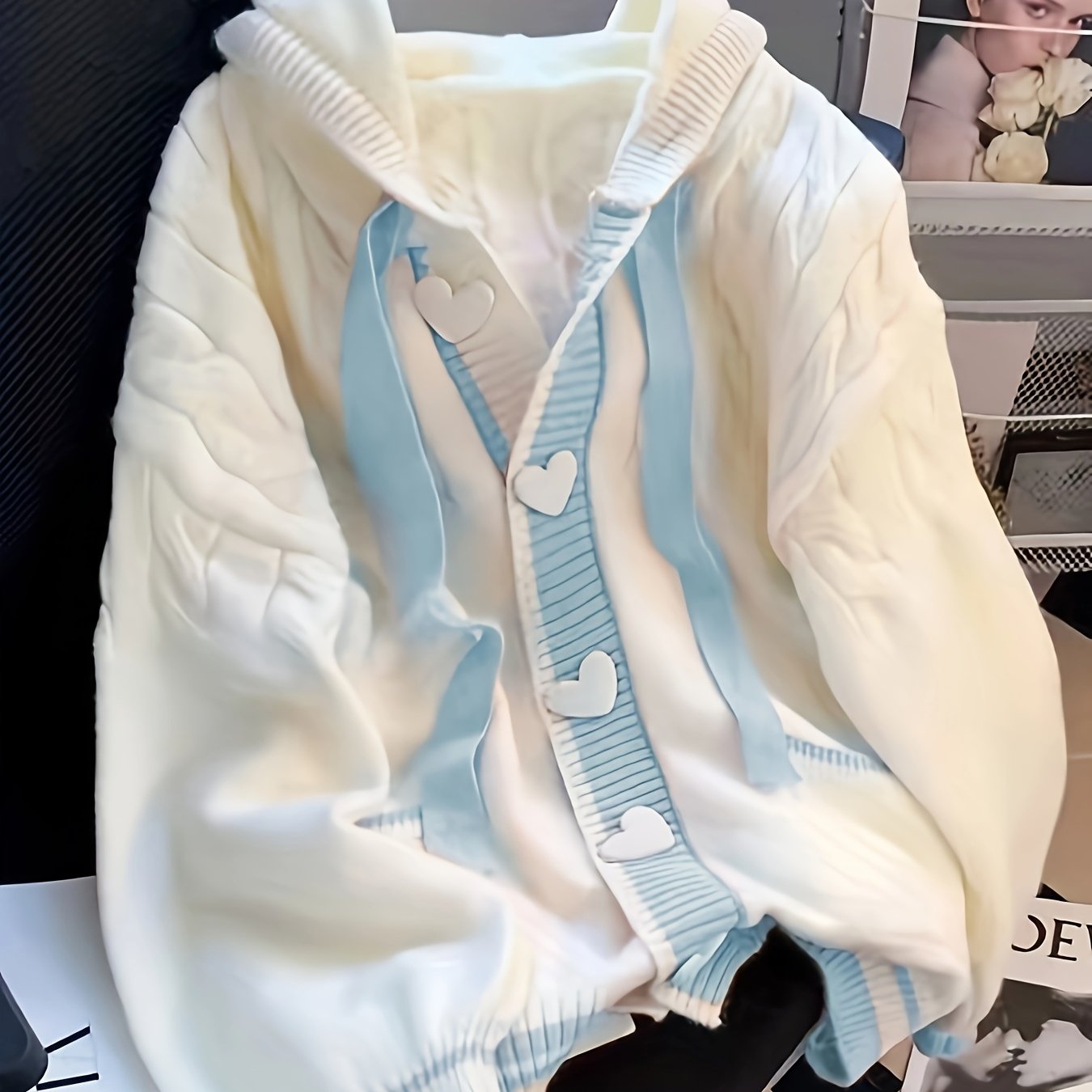 Women'S Hooded Cardigan - Pastel Pink & white colorblock Sweater, Button-Front Closure, Loose Fit Open Front Sweater for Fall/Winter, Everyday & Formal Outfits - Women'S Sweater Coat, Cardigan Sweater, Casual Layering Piece,